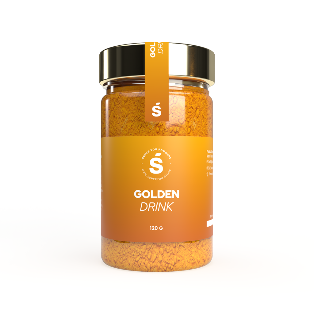 golden drink, powder, superyou, superfood, natural market, Prieskonių mišinys „GOLDEN DRINK“- kasdieninis sveikatingumo ritualas. Ajurvediškas gėrimas su ciberžole atkeliavęs iš Azijos  – gėrimas dar vadinamas auksiniu gėrimu. Ne veltui  toks skambus pavadinimas. Svarbiausias stebuklus darantis šio gėrimo ingredientas – ciberžolė, kurios sudėtyje gausu natūralaus geltonos spalvos dažiklio kurkumino ir daug prieskonių. Pasirodo, kurkuminas, randamas ciberžolė